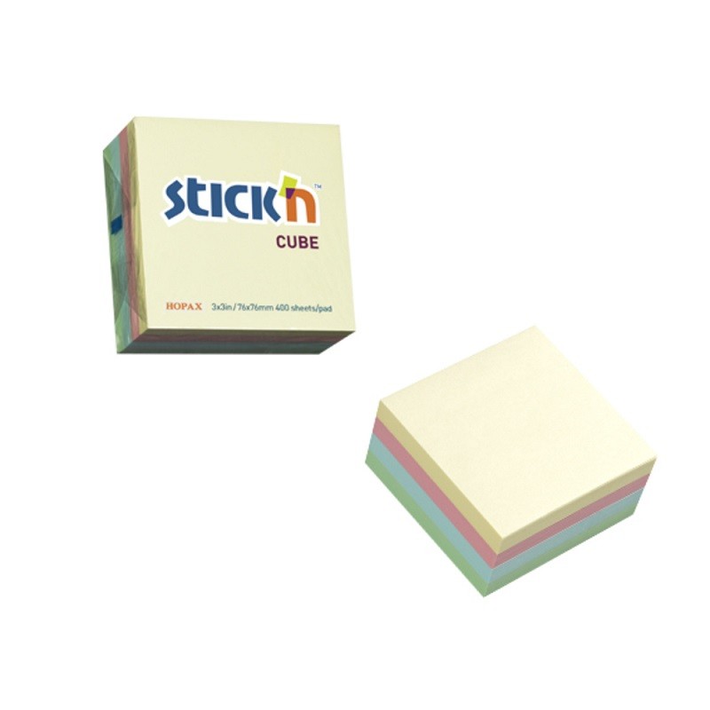 Notes adeziv cub color, 76x76 mm, 400 file, Stick\'n - 4 culori pastel