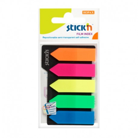 Stick index plastic transparent color 42 x 12 mm, 5 x 25 buc/set - 5 culori neon - sageata