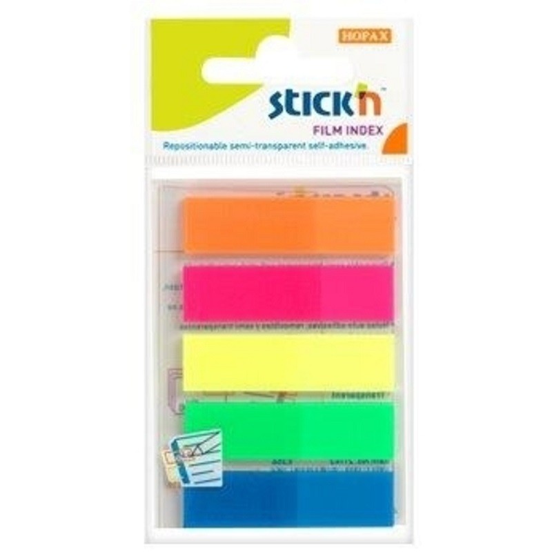 Stick index plastic transparent color 45 x 12 mm, 5 x 25 buc/set, - 5 culori neon