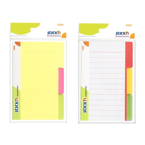 Divider notes autoadeziv liniat cu 3 separatoare, 148 x 98 mm, 60 file, Stick\'n - 3 culori neon galben