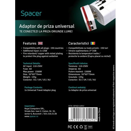 Adaptor priza universal 2xUSB Spacer