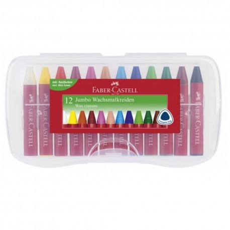 Creioane colorate cerate Jumbo Faber-Castell 12 culori, cutie plastic