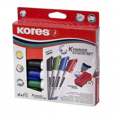 Marker whiteboard Kores set 4 culori + burete magnetic