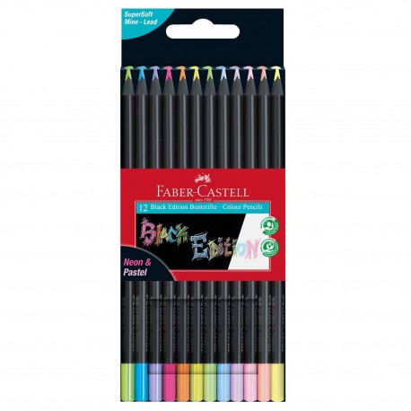 Creioane colorate pastel + neon, Faber-Castell 12 culori Black Edition