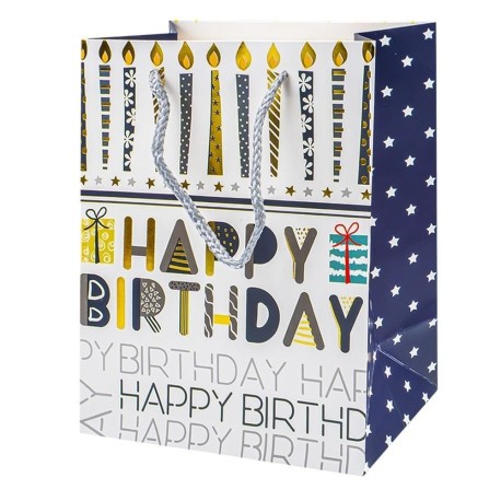 Punga cadou Happy Birthday, aplicatii metalizate, 18x23x10 cm