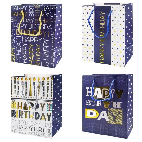 Punga cadou Happy Birthday, aplicatii metalizate, 18x23x10 cm