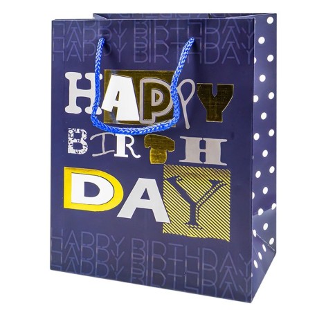 Punga cadou Happy Birthday, aplicatii metalizate, 18x23x10 cm