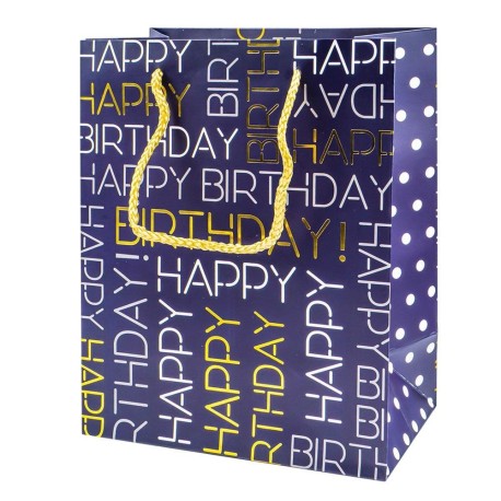 Punga cadou Happy Birthday, aplicatii metalizate, 18x23x10 cm