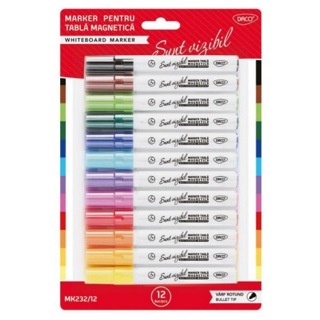 Marker whiteboard Daco Tabletino set 12 culori, varf rotund