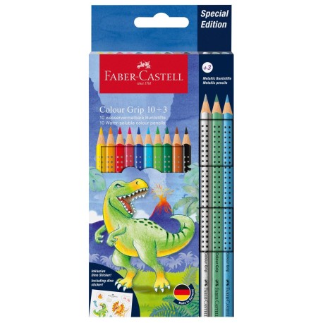 Creioane colorate acuarela 10+3 culori Faber-Castell Grip 2001 Dinozauri